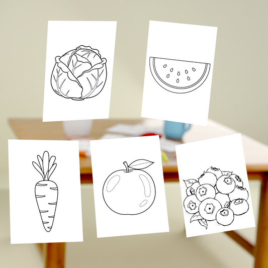 Frukt og grønnsaker – 30 Fargeleggingsark
